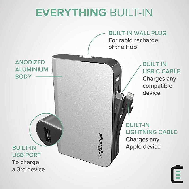 Portable Charger Power Bank HubPlus 6700 mAh Universal External Battery Pack | Foldable AC Wall Plug | Two Built in Cables for Apple iPhone Lightning for Samsung USB Type C Android