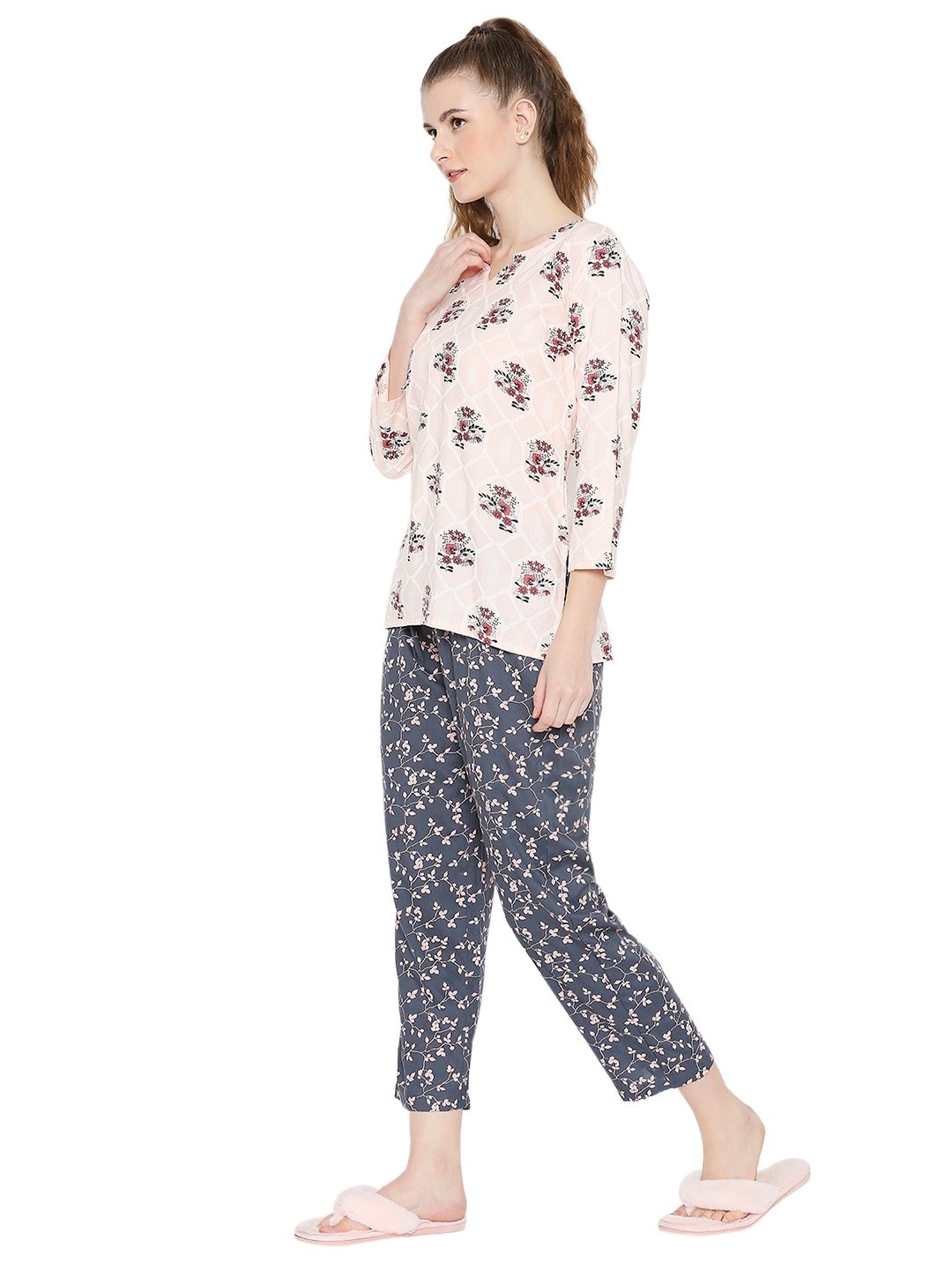 Smarty Pants Light Pink & Grey Cotton Floral Top With Pyjamas