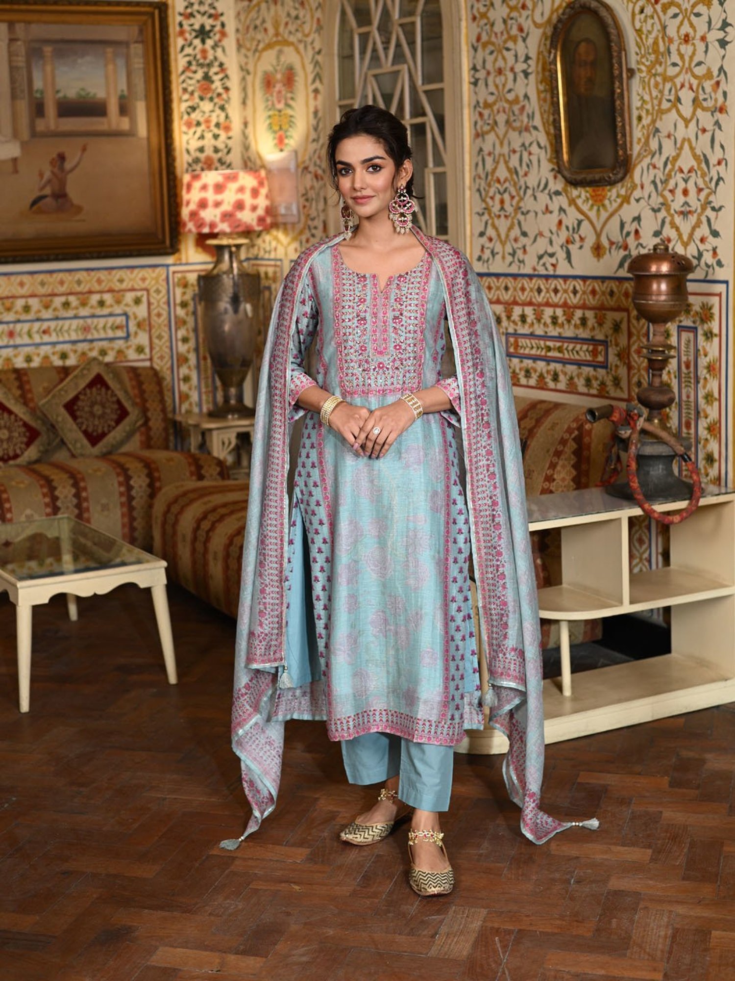 Mahee Jaipur Blue Ikhtiyar Block Print Chanderi Suit