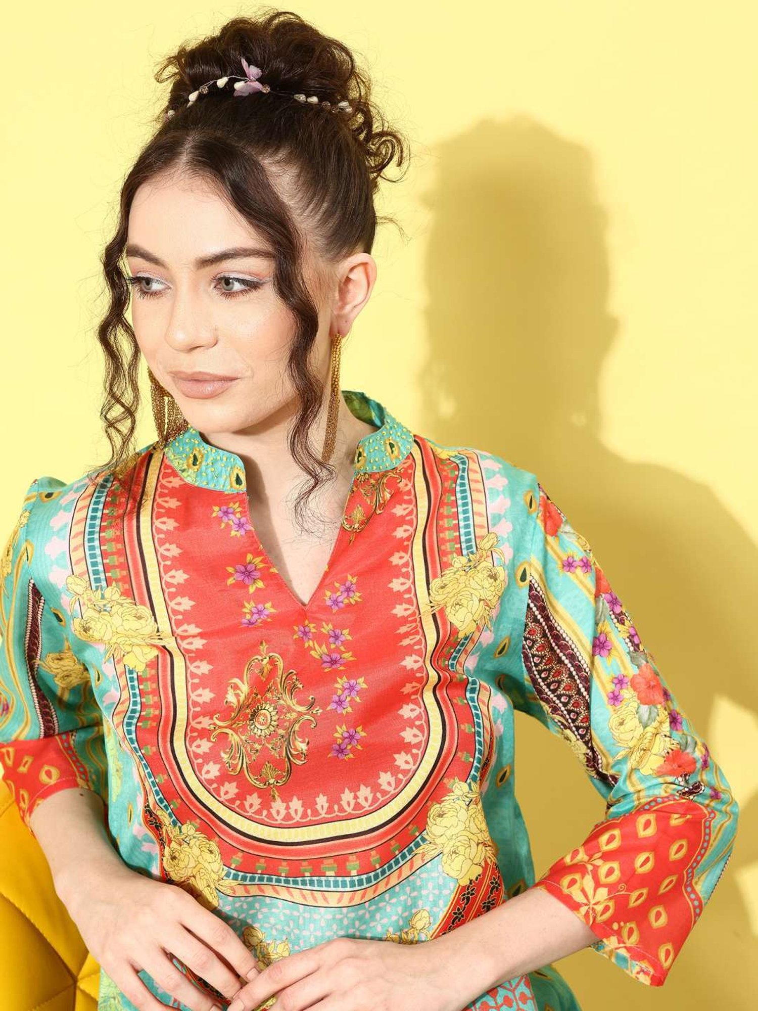 Indo Era Sea Green Floral Print Tunic Pant Set