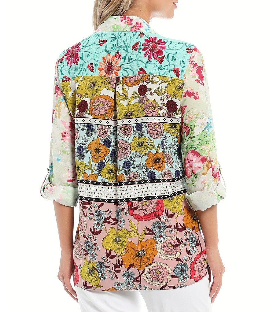 John Mark Mixed Media Floral Embroidered Chiffon Printed Back Tunic