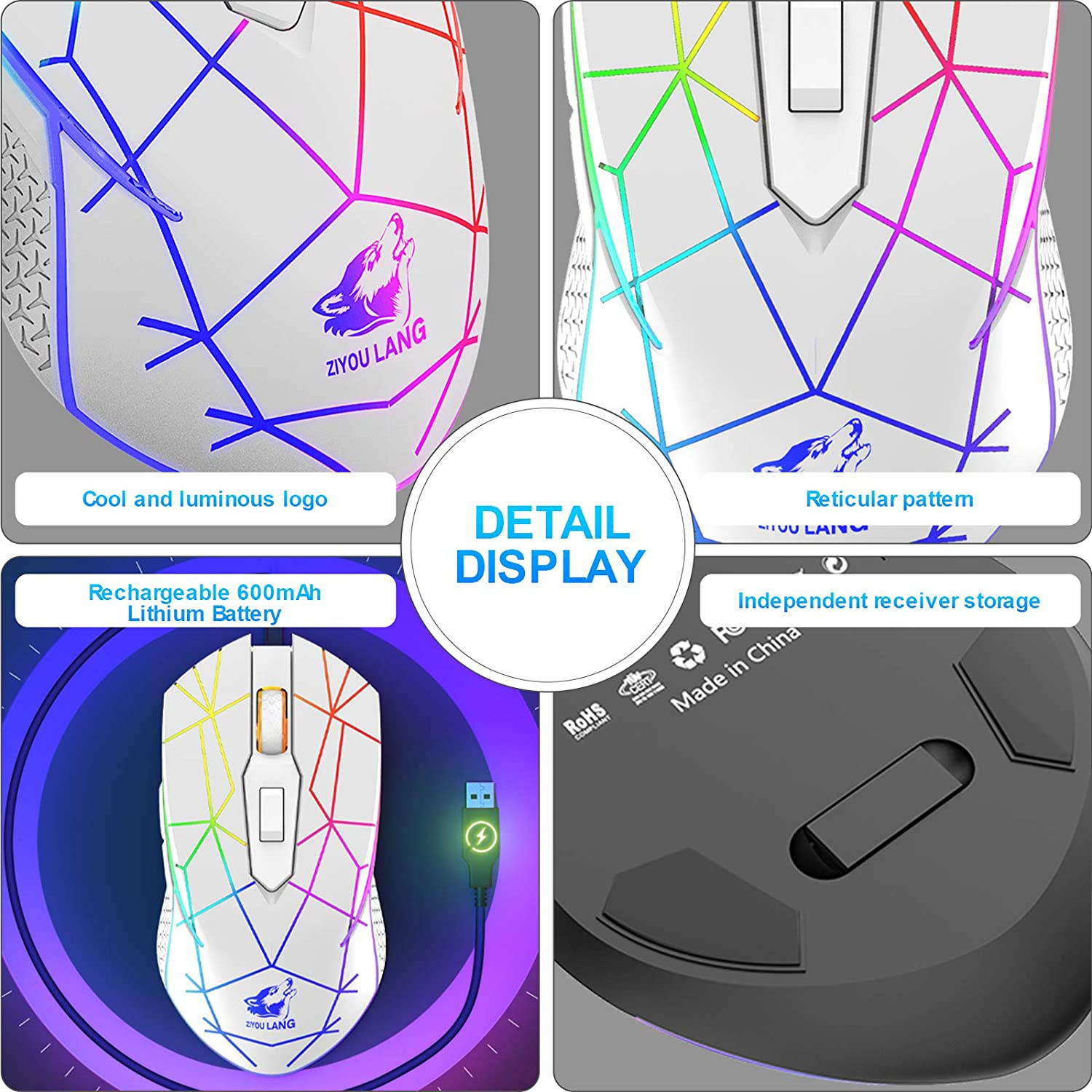 Wireless Gaming Mouse with 2.4Ghz USB Receiver Rainbow RGB Backlight Adjustable DPI Silent Click Rechargeable Ergonomic 6 Buttons Gaming Mouse for Computer Laptop PC Mac Gamer Office Use