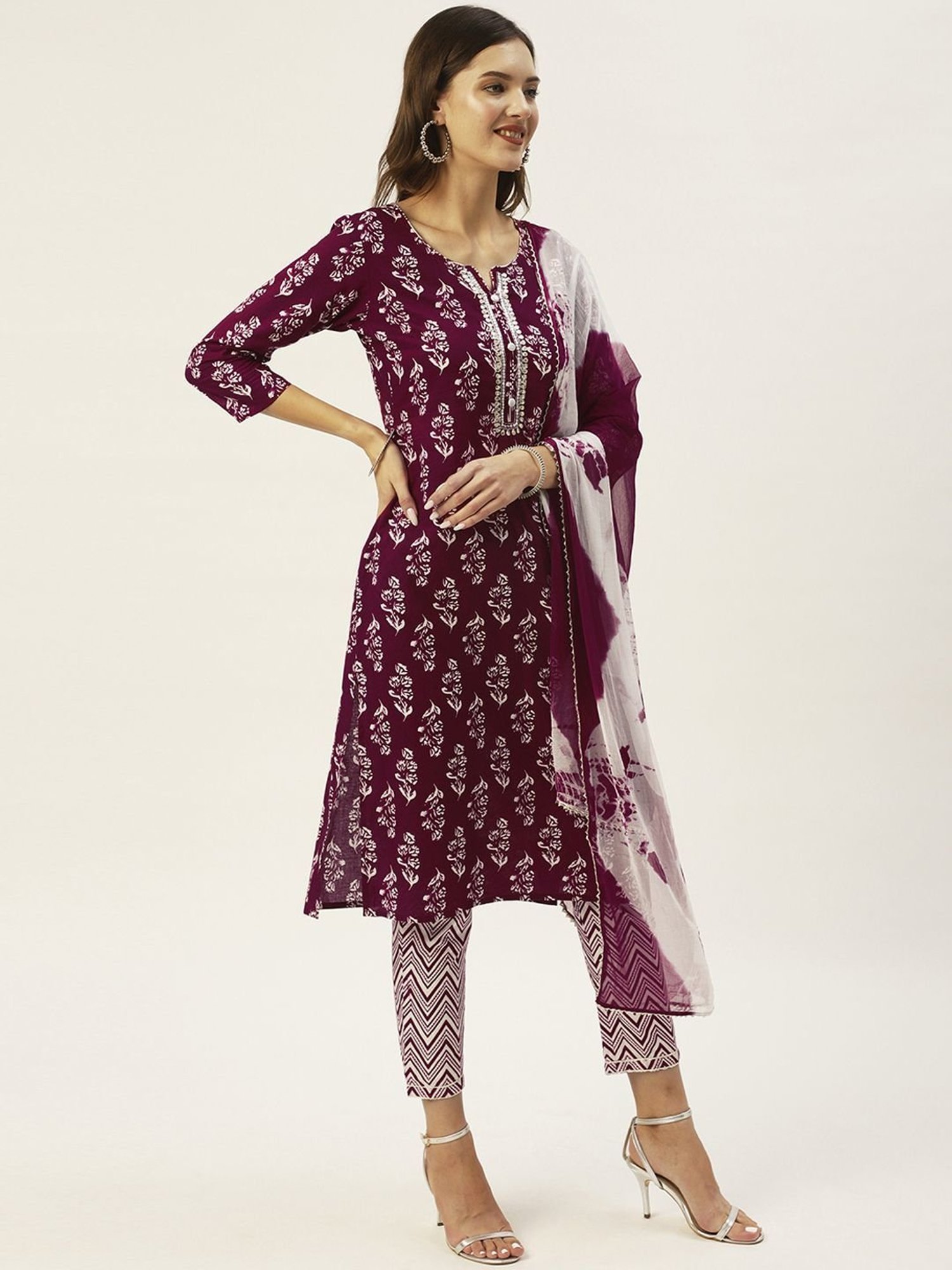 Anubhutee Maroon Cotton Printed Kurta Pant Set With Dupatta