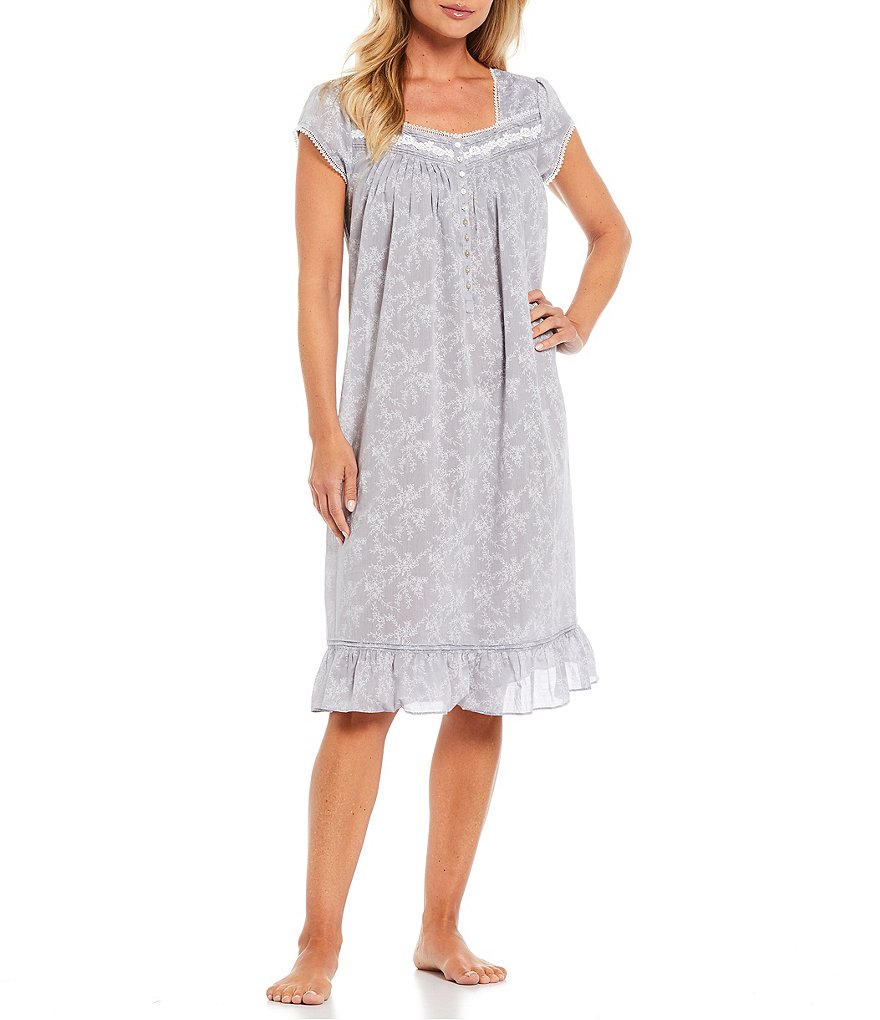 Eileen West Yarn Dye Floral Chambray Square Neck Cap Sleeve Waltz Nightgown
