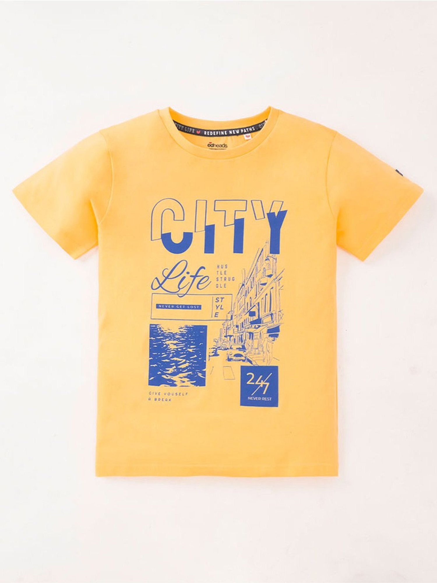 Edheads Kids Yellow & Blue Cotton Printed T-Shirt