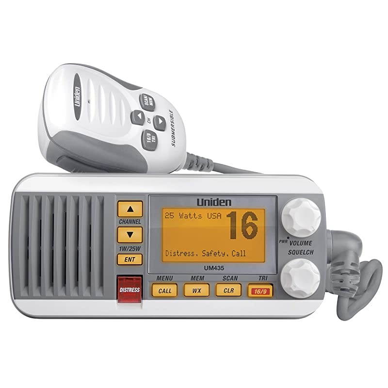 UM435 Advanced Fixed Mount VHF Marine Radio, All USA/International/Canadian Marine Channels Including New 4-Digit, CDN &ldquo;B&rdquo; Channels, 1 Watt/25 Watt Power, Waterproof IPX8 Submersible, White