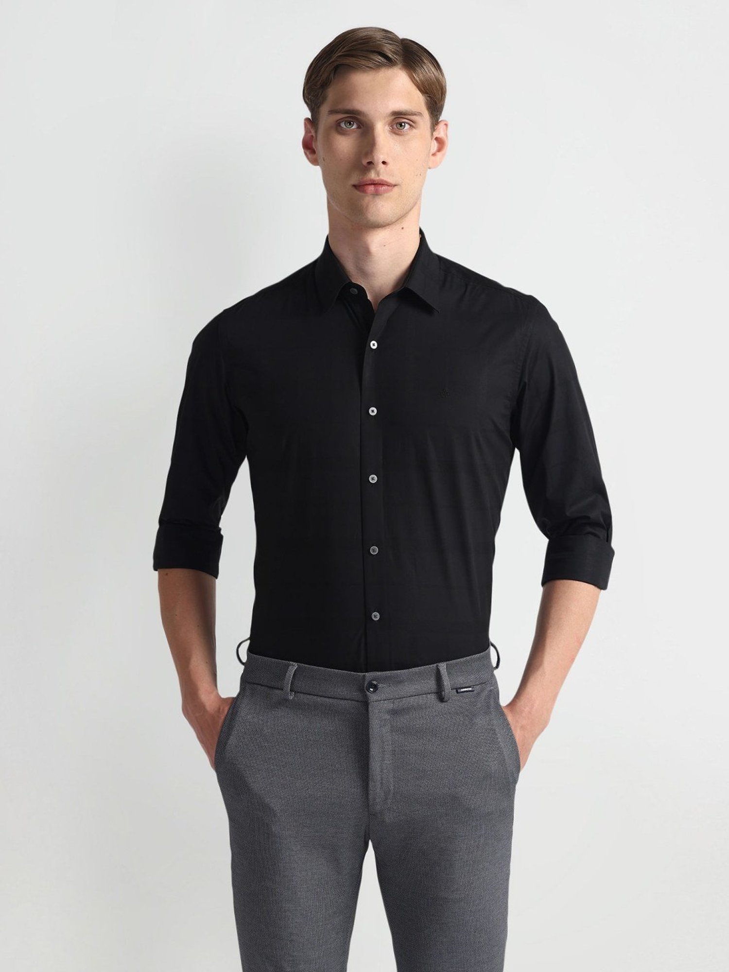 Arrow Newyork Black Cotton Slim Fit Checks Shirt