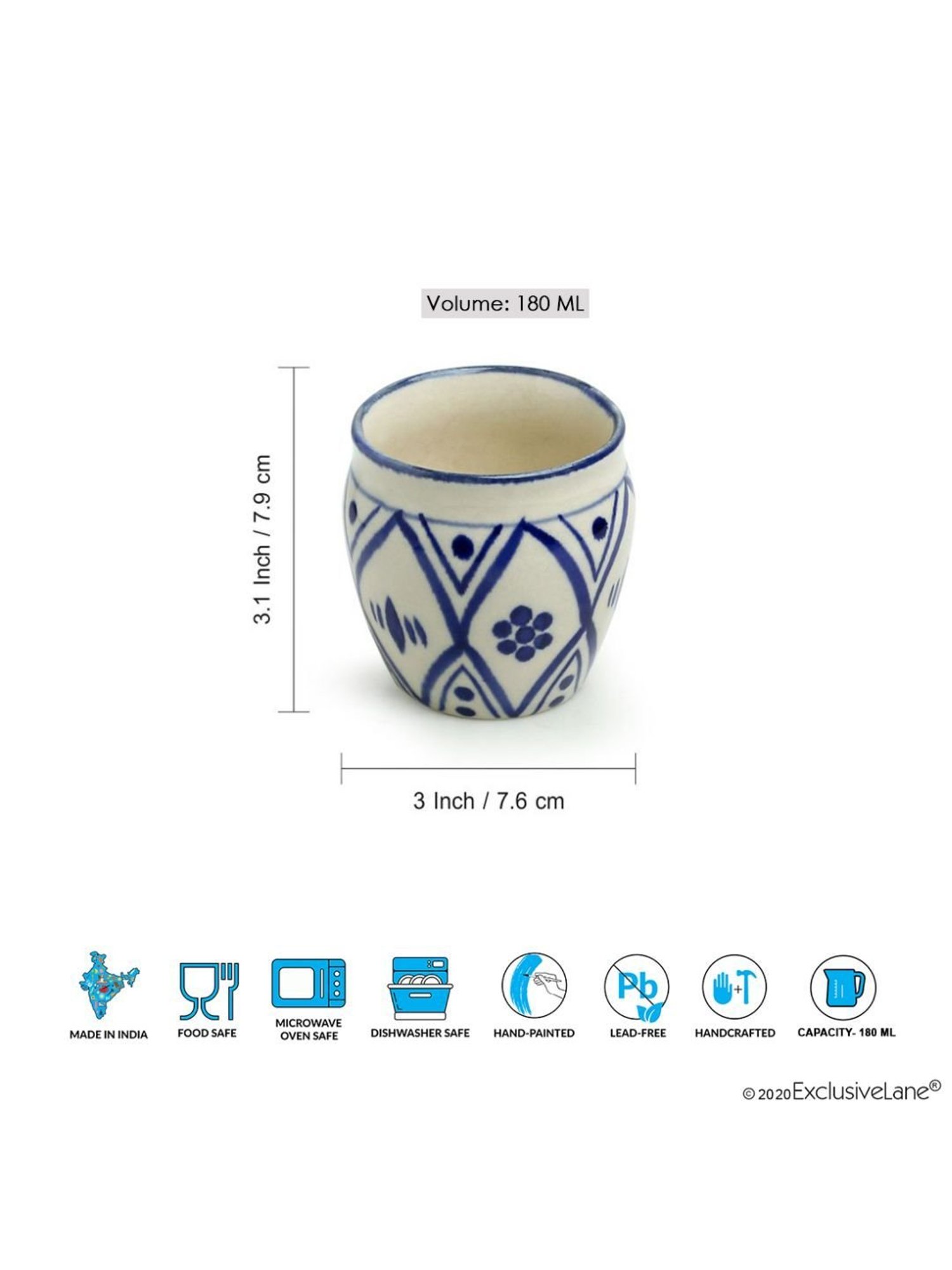 JCPL White & Red Ceramic Cup (0.18 L) - Set of 6