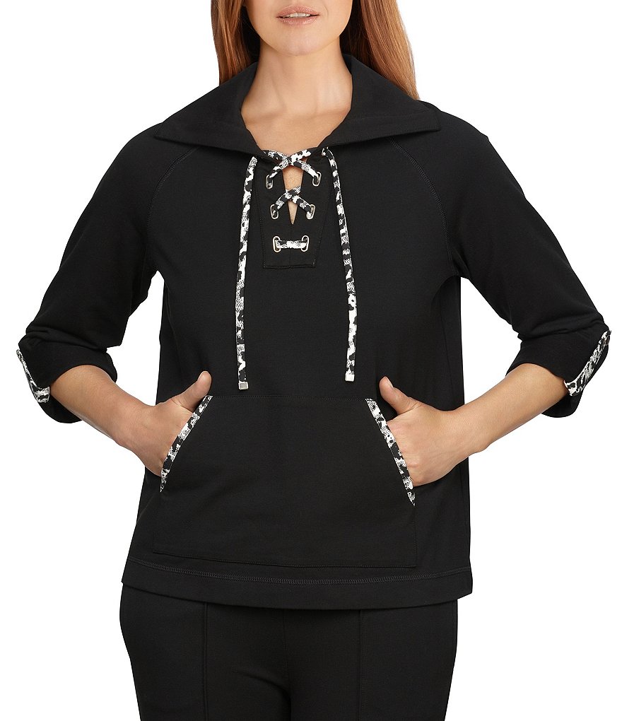 Ruby Rd. Petite Size Contrast Lace Up Front Split V-Neck 3/4 Roll-Tab Sleeve Pullover