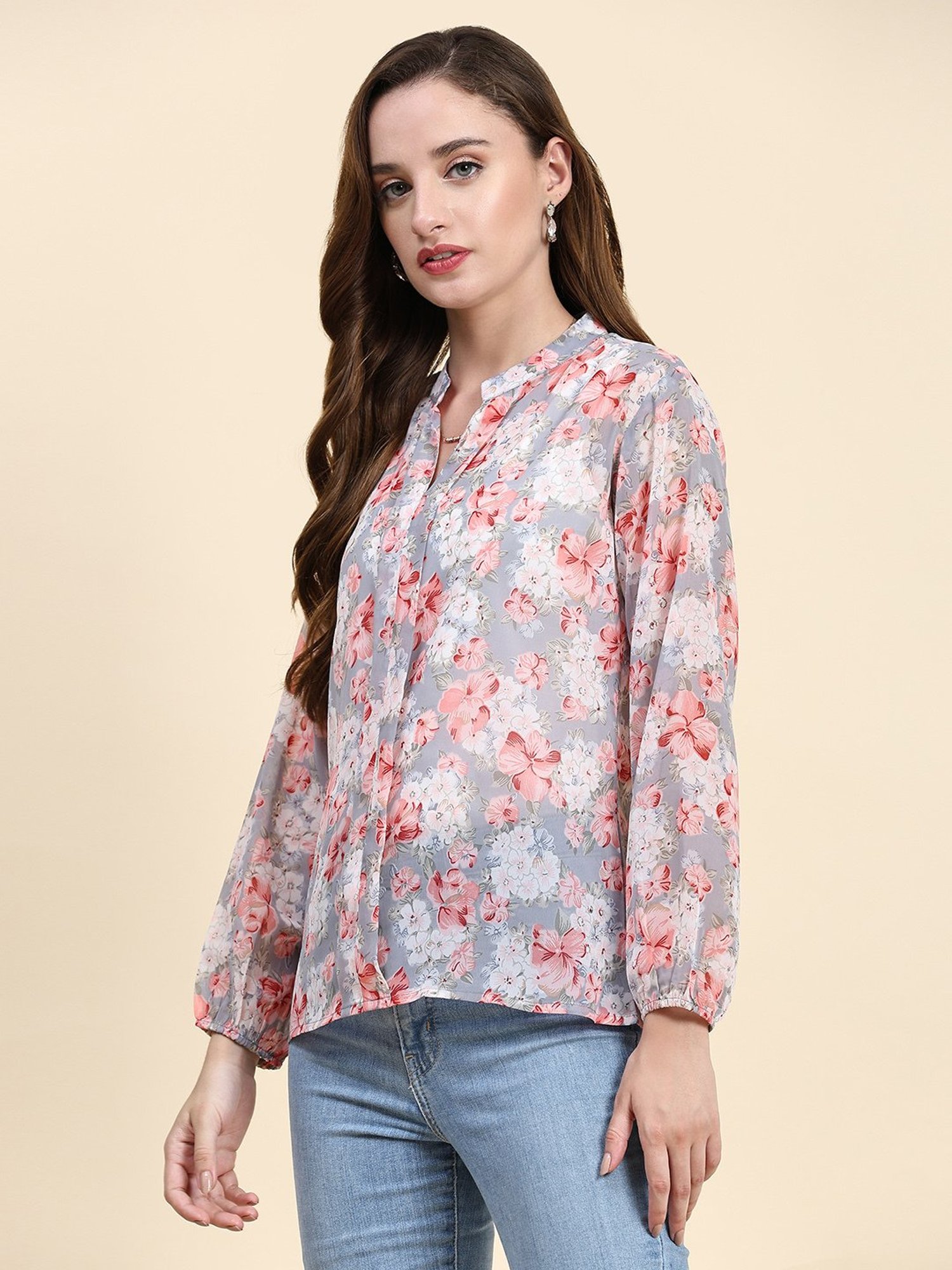 KERI PERRY Grey Floral Print Top