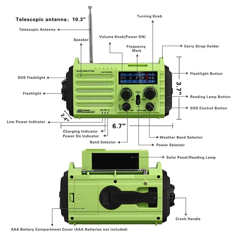 Weather Radio  Emergency Hand Crank Portable Radio Solar Power AMFMSWNOAA Weather Radio with 2000mAh Power Bank Phone Charger 3W LED Flashlight Reading Lamp 7 Weather Band SOS Alarm