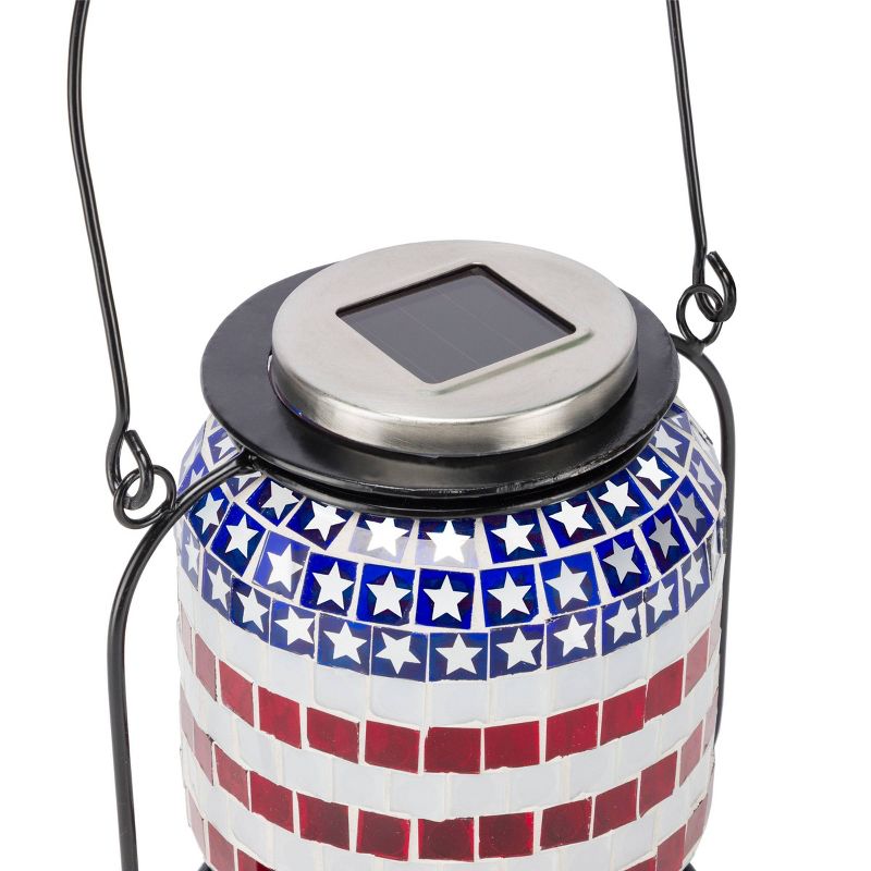 Alpine 7" Solar Patriotic Glass/Iron Hanging Lantern with LED Lights Cool White