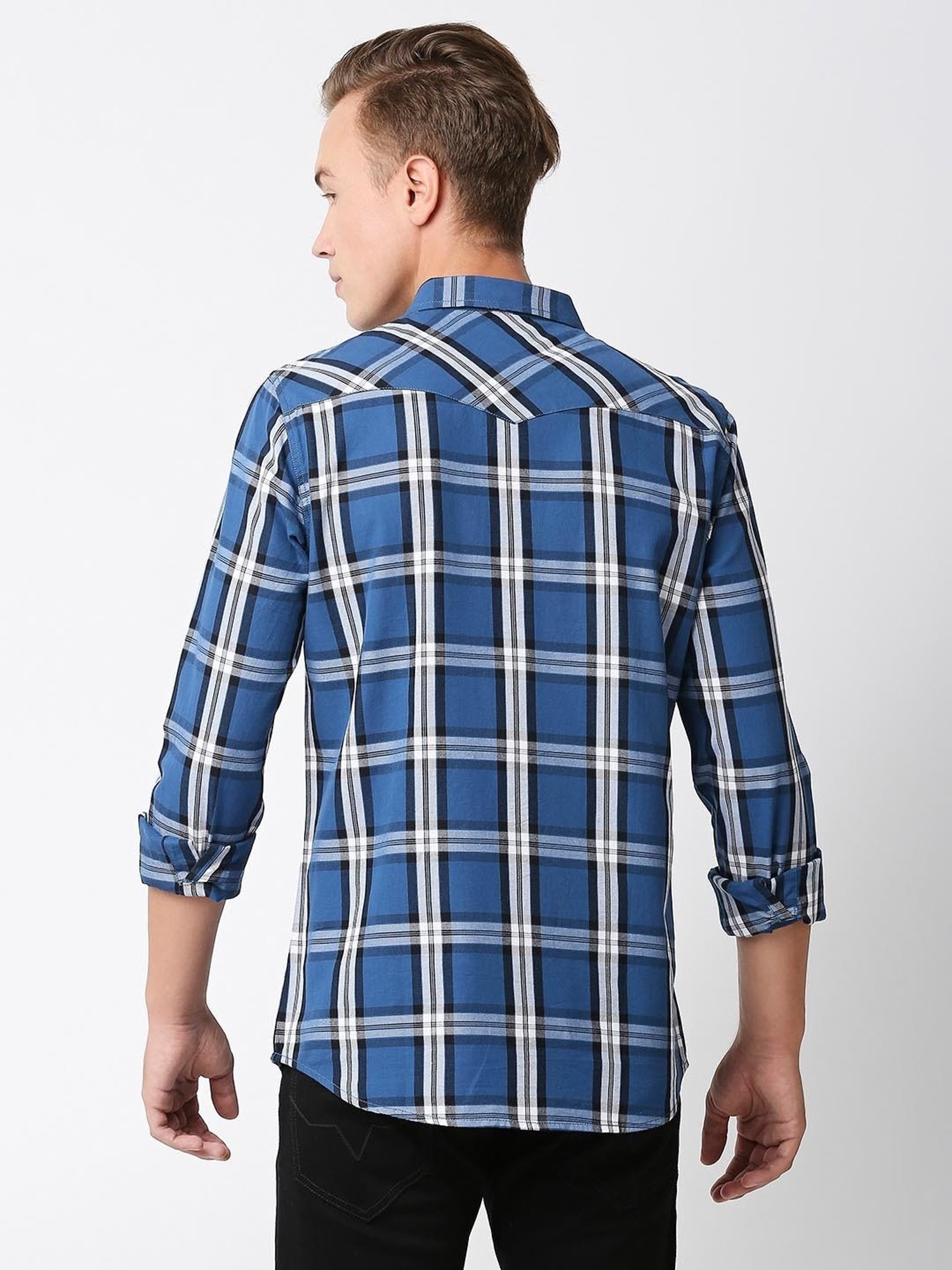 SOLEMIO Blue Slim Fit Check Cotton Shirt