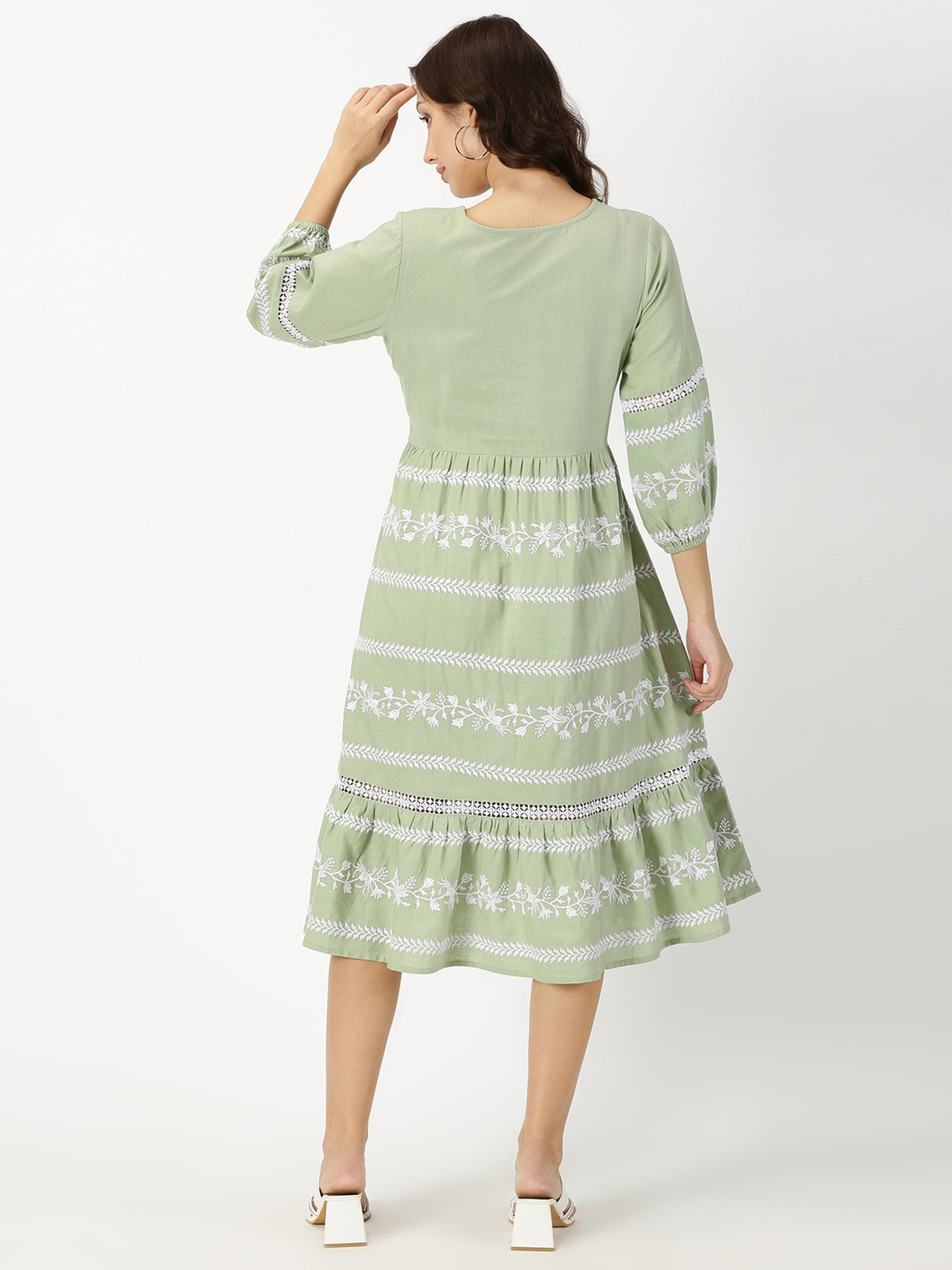 Saffron Threads Green Cotton Embroidered Ethnic Dress