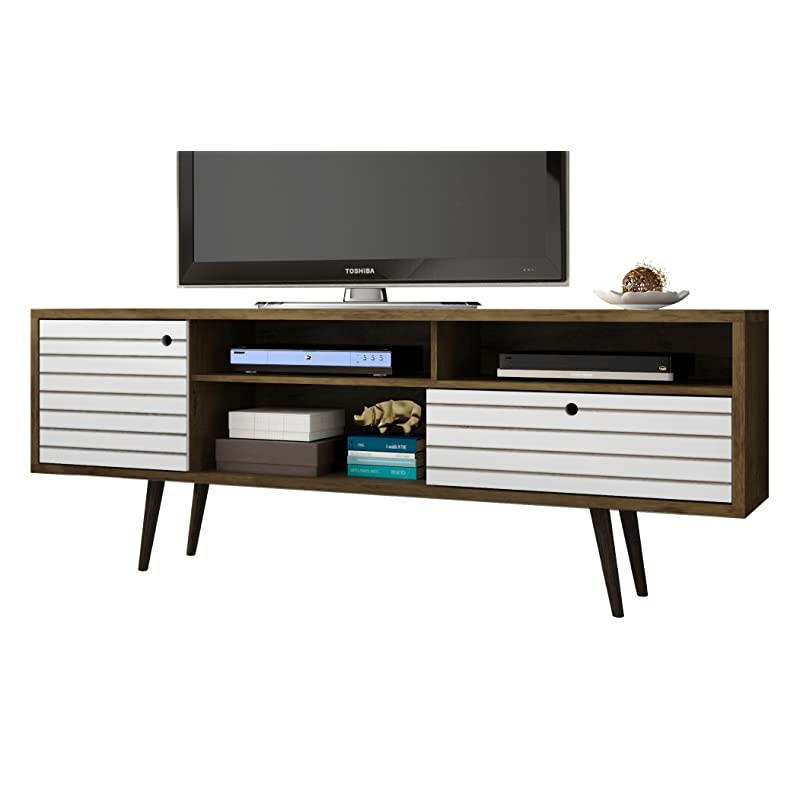Liberty Collection Mid Century Modern TV Stand With Three Shelves, One Cabinet and One Drawer With Splayed Legs, Wood/White
