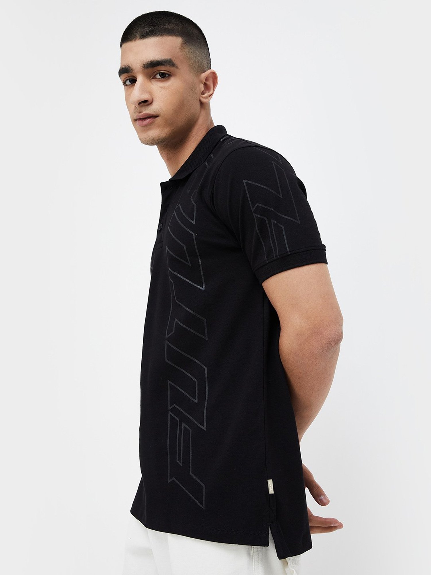 Forca by Lifestyle Black Regular Fit Printed Polo T-Shirt