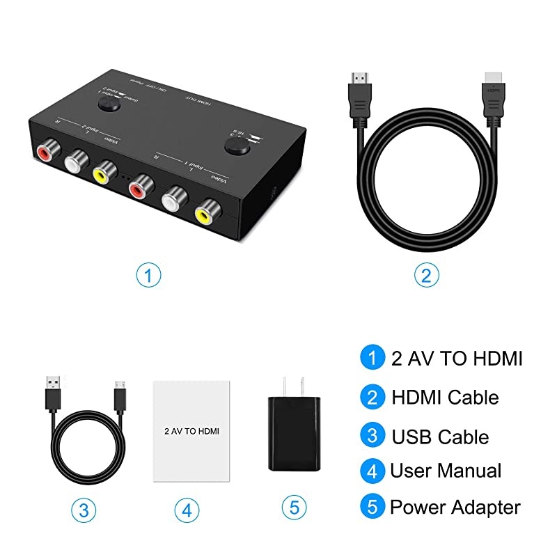 Port AV to HDMI Converter RCA to HDMI Adapter Dual AV to HDMI Converter Composite to HDMI Adapter Support 16943 Compatible with WII N64 PS1 PSPS3 VHS VCR DVD Players etcAV in 1 HDM