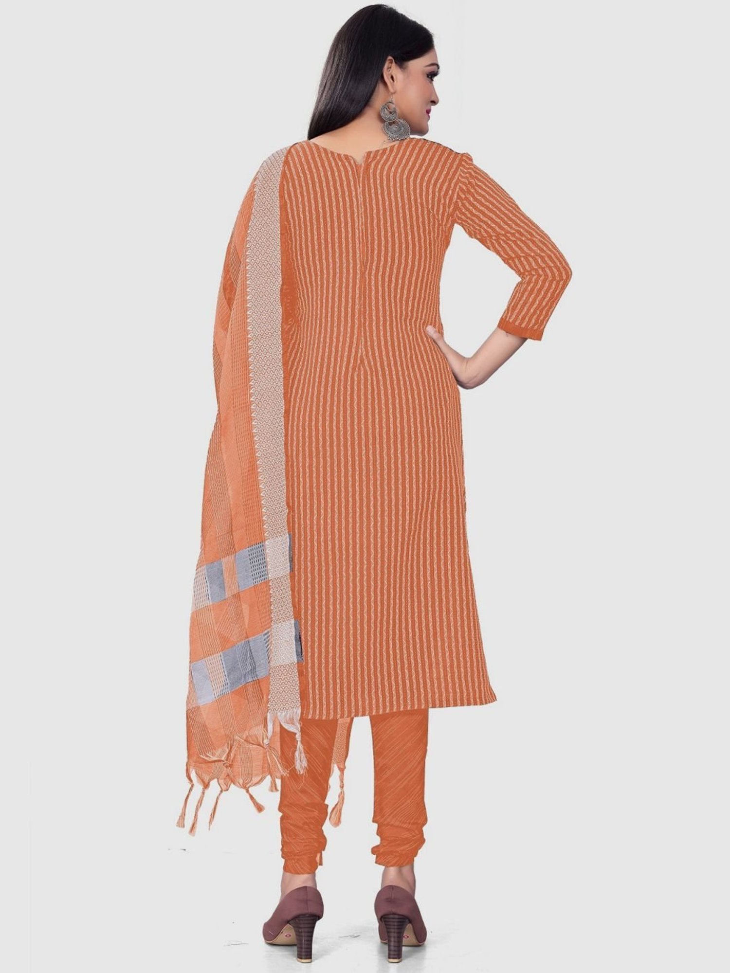 APNISHA Orange Cotton Striped Unstitched Dress Material