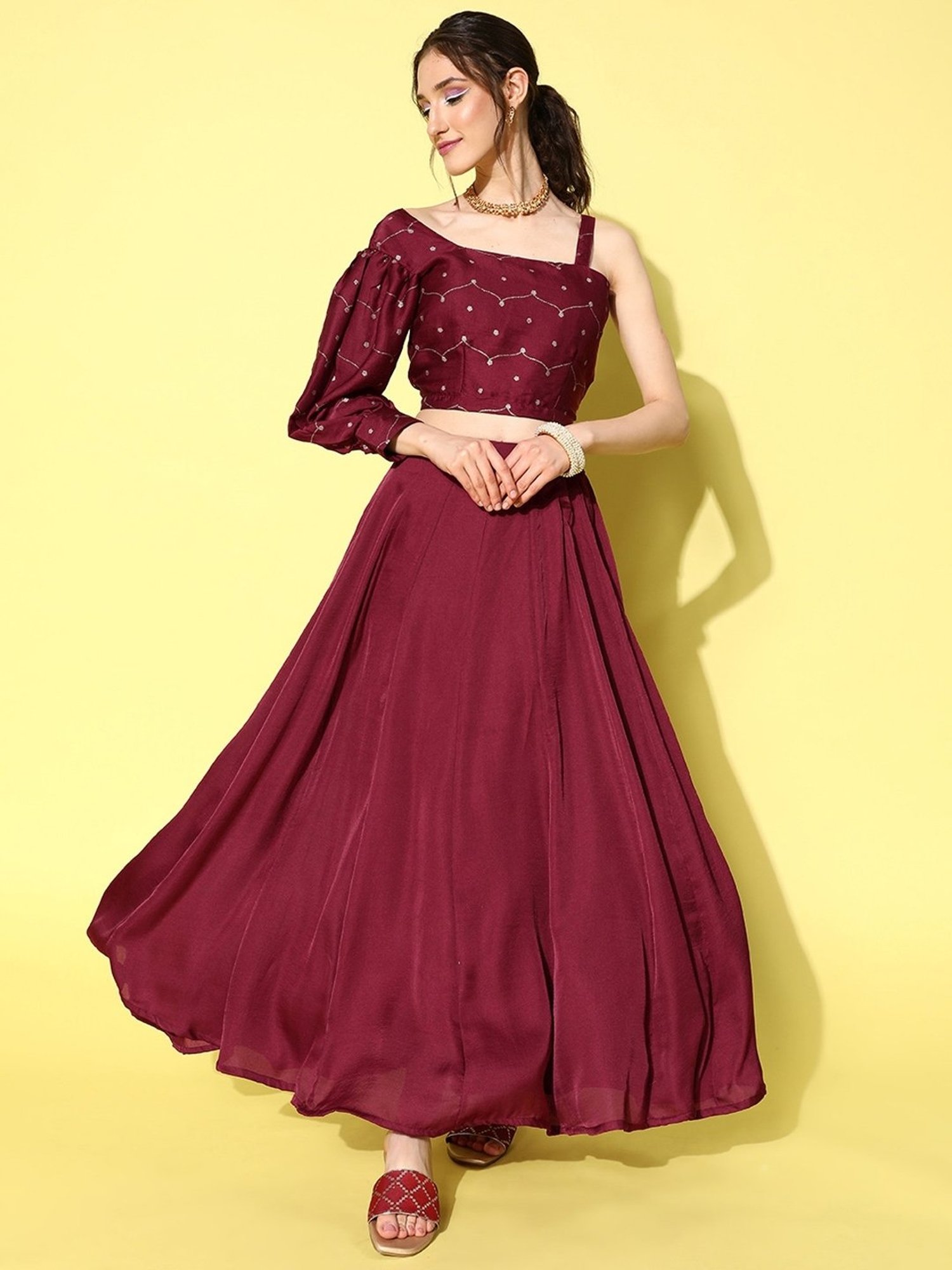 Yufta Maroon Embroidered Crop Top Skirt Set