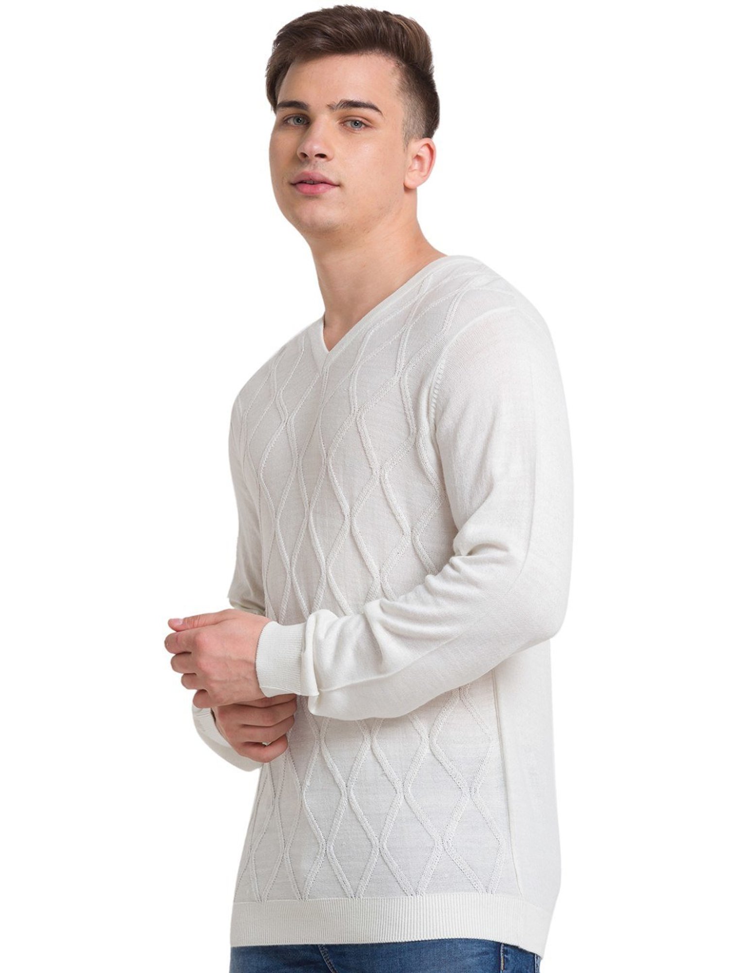 ColorPlus White Tailored Fit Self Pattern Sweater