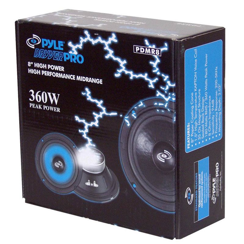 Pyle Pro 8 Inch 360 Watt 8-Ohm Black Driver Mid Range Audio Speaker | PDMR8