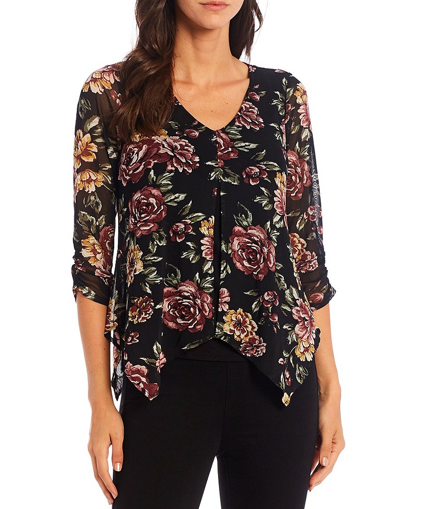 Calessa Petite Size Matte Jersey Knit Button Front Roll Tab Blouse