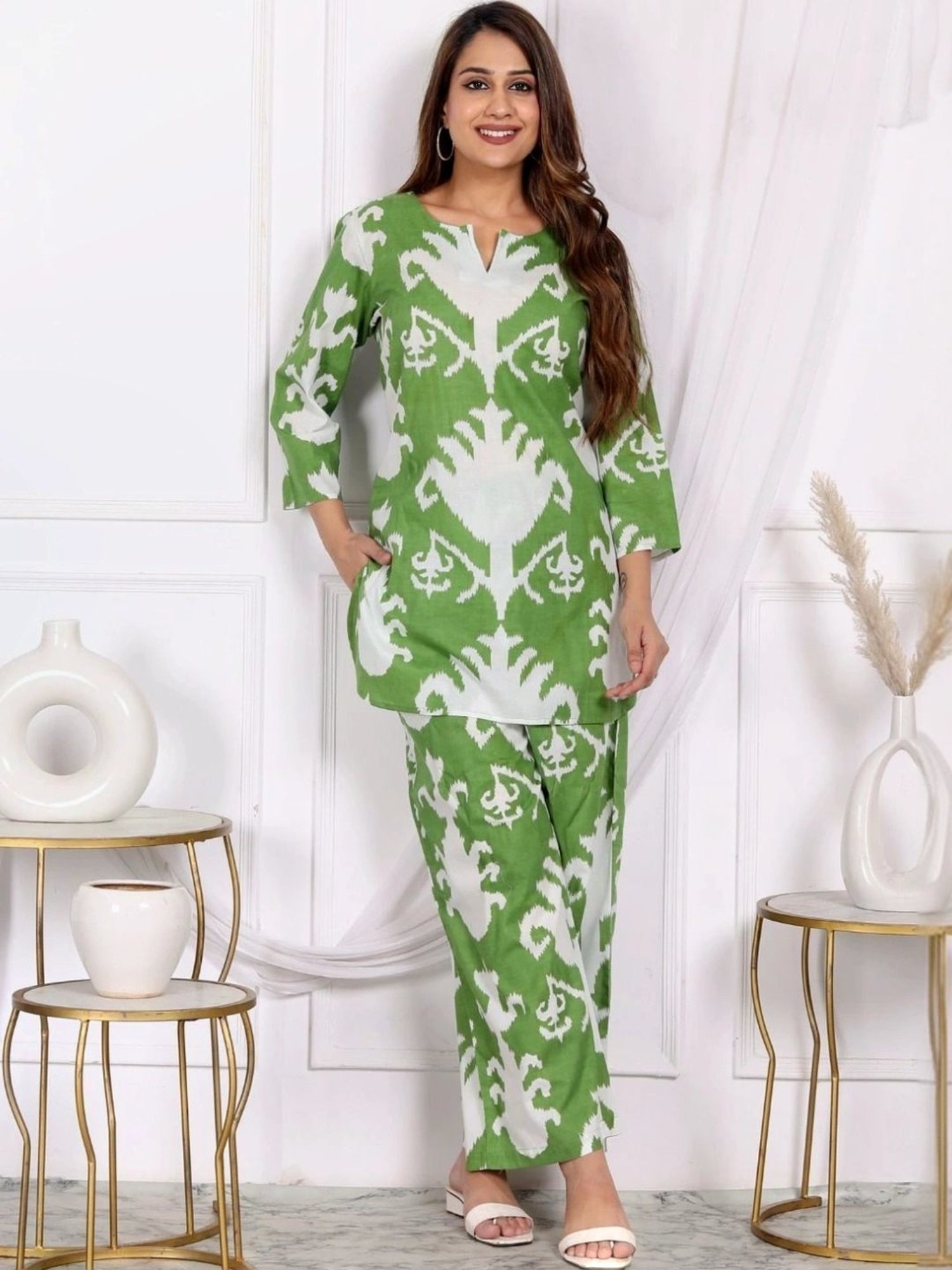 Kaftanize Sage Green Abstract Printed Cotton Short Tunic with Pant