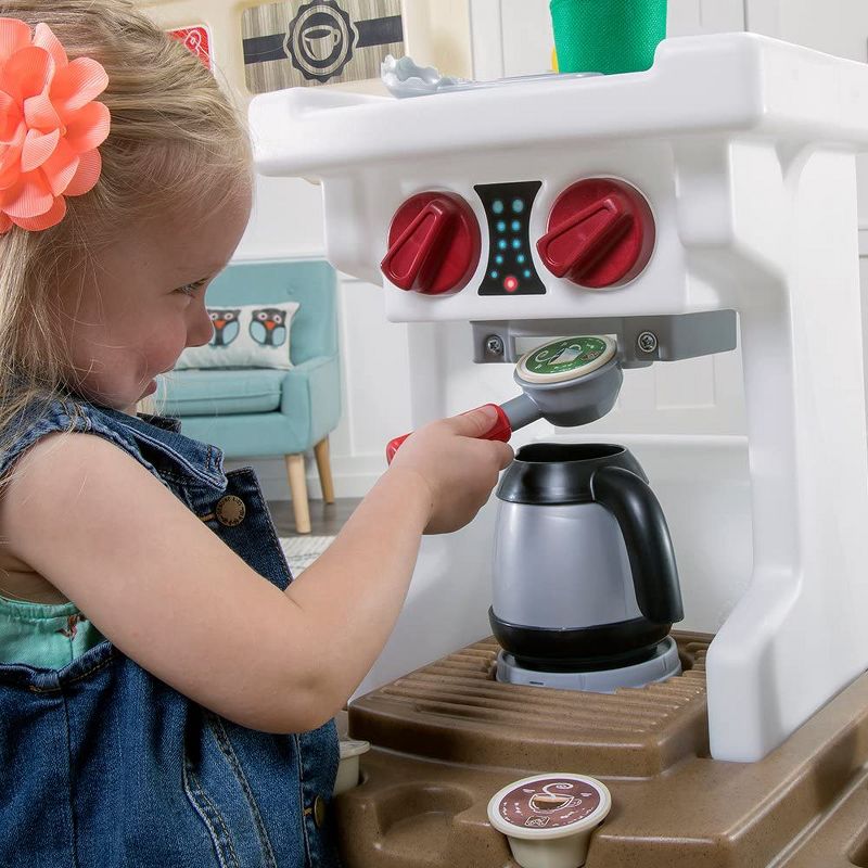 Step2 Coffee Bean Cafe Kids Play Pretend Mini Kitchen Shop Playset with 40 Piece Accessory Set, Microwave Oven, and Fridge for Toddler Food Cooking