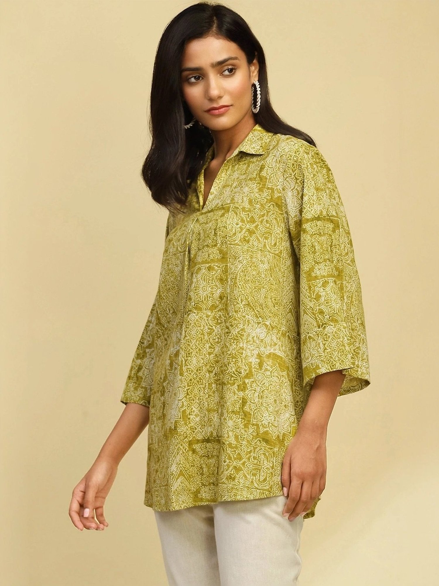 Biba Green Printed A Line Short Kurti