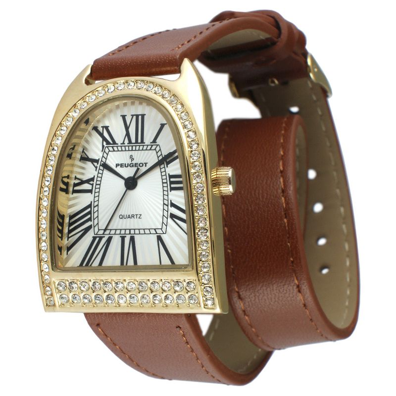 Women's Peugeot Crystal Bezel Double Wrap Leather Strap Watch - Gold and  Brown