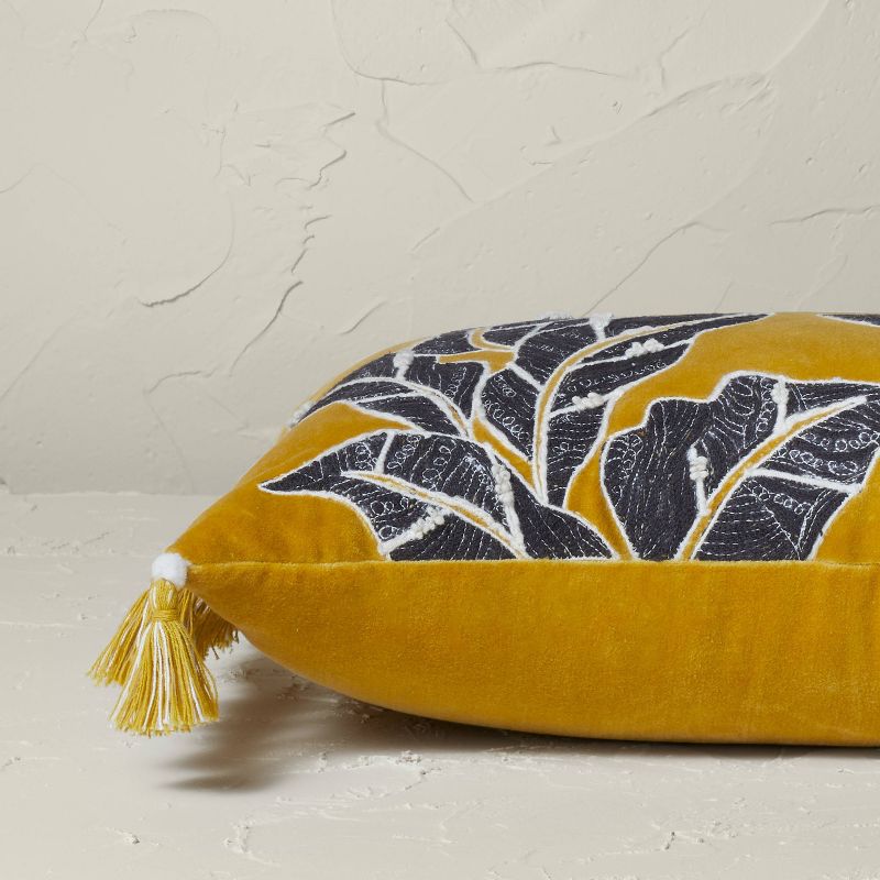 Embroidered Botanical Leaf Velvet Lumbar Throw Pillow Gold - Opalhouse™ designed with Jungalow™