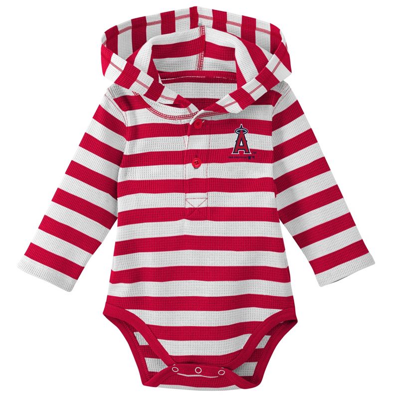 MLB Los Angeles Angels Boys' Striped Long Sleeve Hooded Bodysuit - 18M