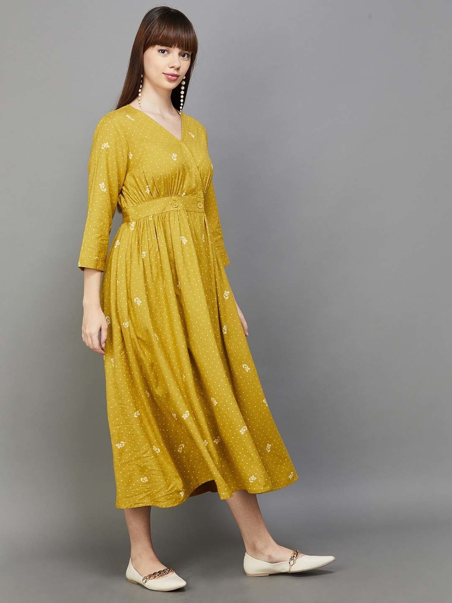 Colour Me by Melange Yellow Printed A-Line Dress
