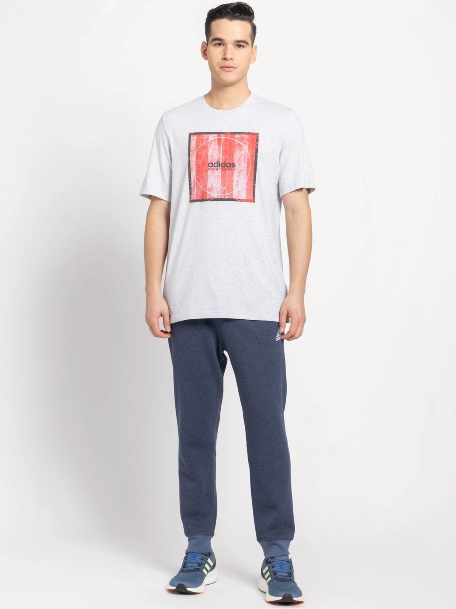 Adidas Grey Cotton Regular Fit Printed T-Shirt