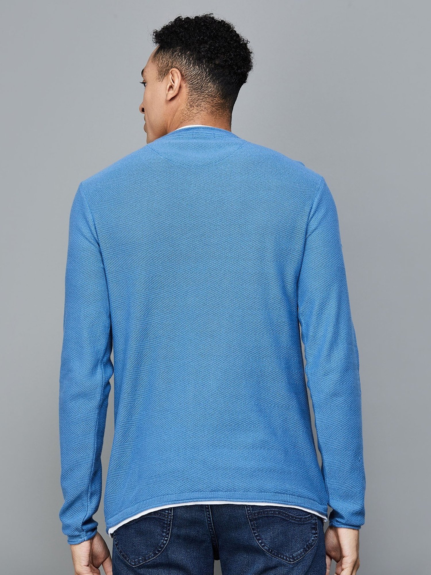 BOSSINI Blue Cotton Regular Fit Texture Sweater