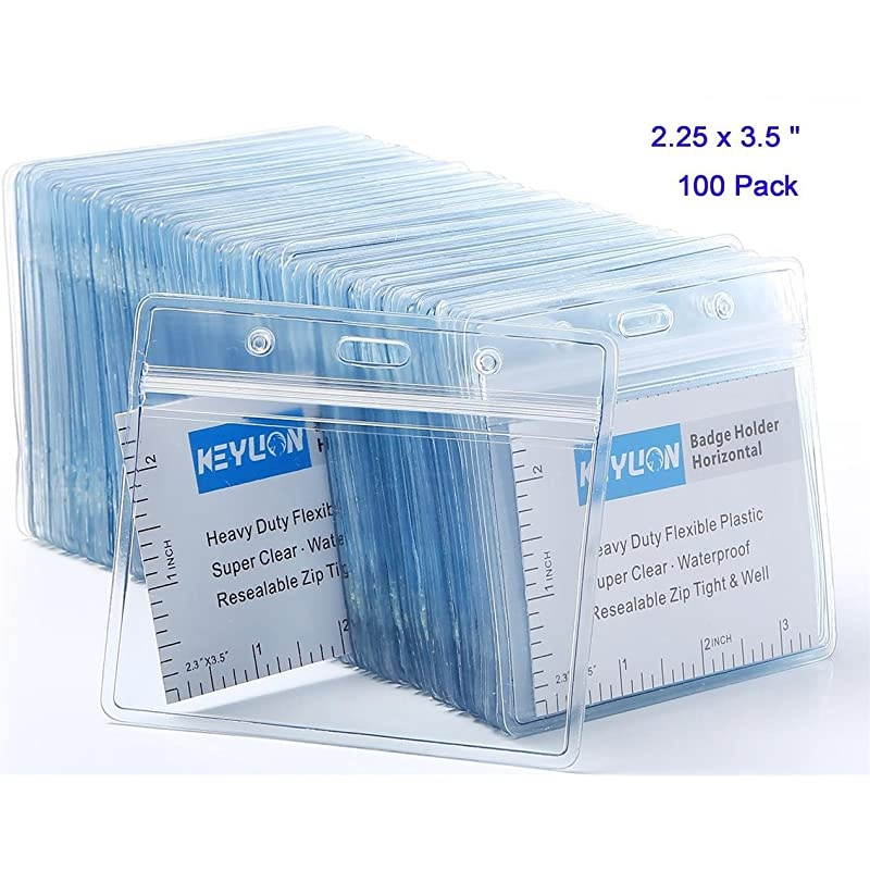 100 Pack ID Card Name Badge Holder, Heavy Duty Clear Transparent Plastic PVC Vertical Sleeve Pouch with Waterproof Type Resealable Zip