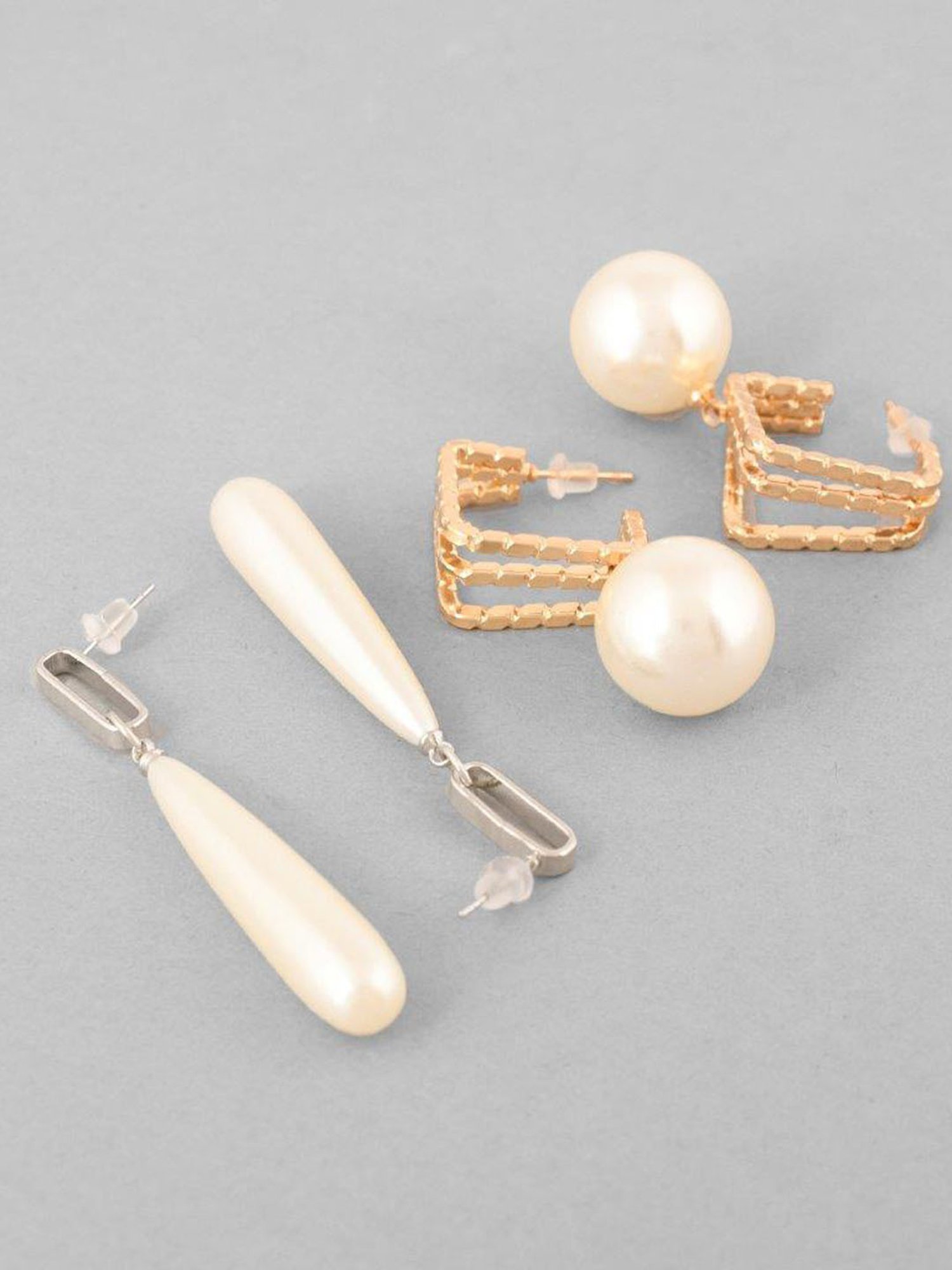 VOJ Set of 2 Korean Drop Earrings - Gold Plated and Silver Plated with White Pearl for Women