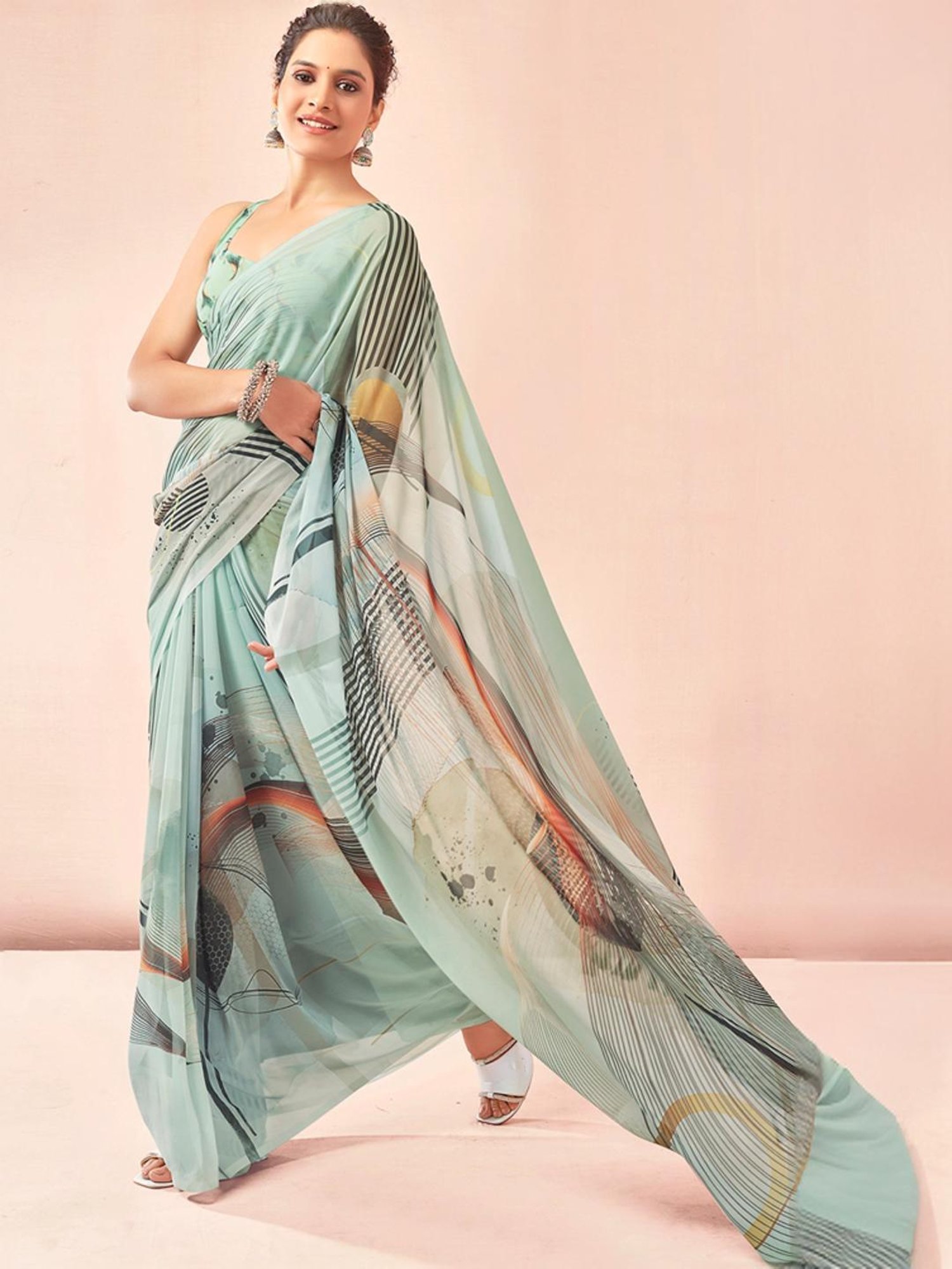 Satrani Green Printed Saree With Unstitched Blouse