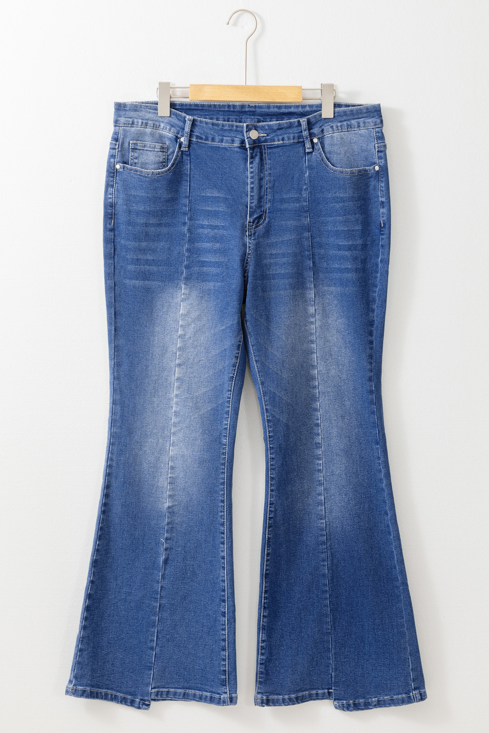Dark Blue Plus Size Stitching Washed Flare Jeans
