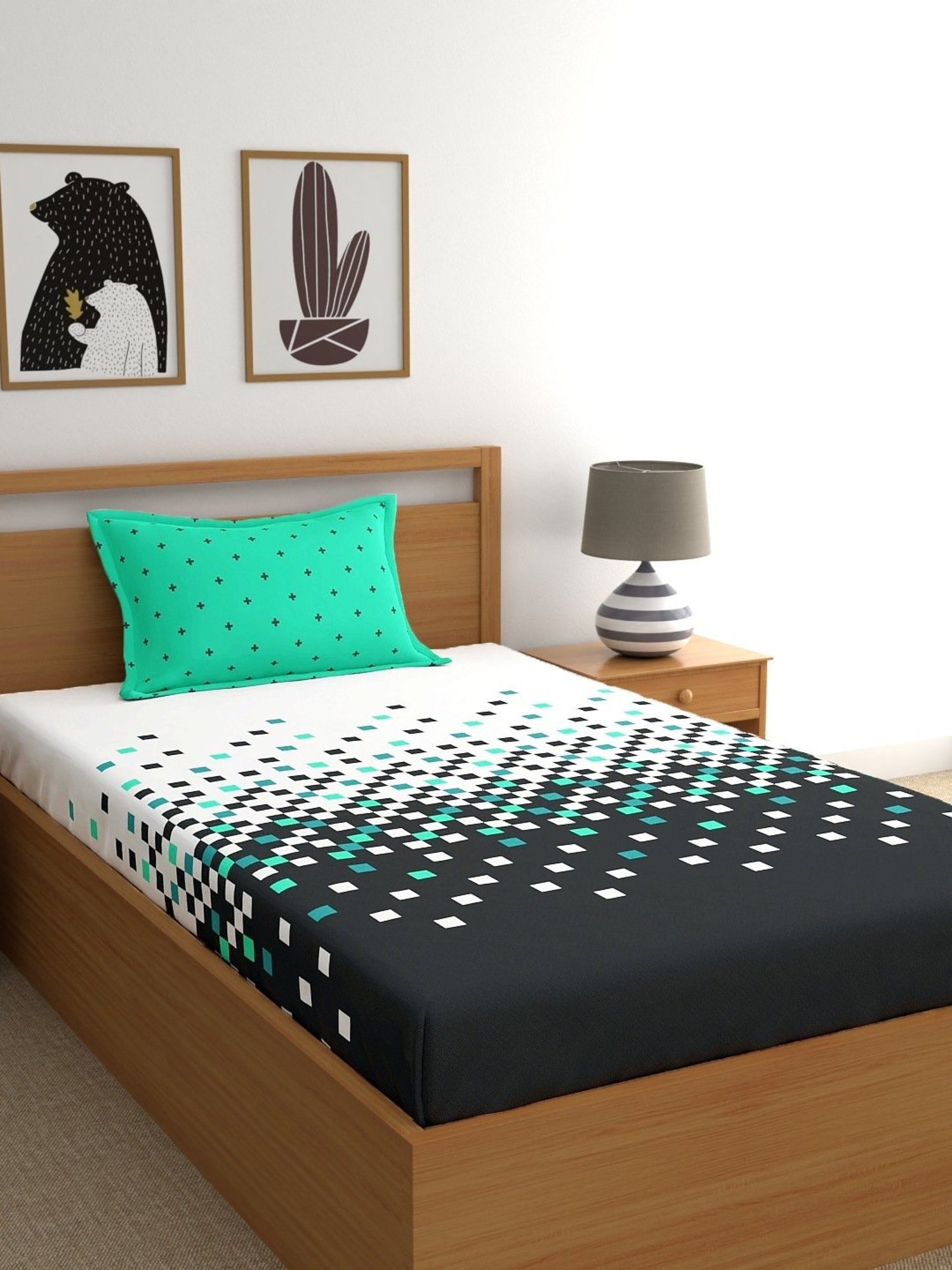 My Room Geometric Multicolor 140 TC Cotton Single Bed Sheet with 1 Pillow Cover