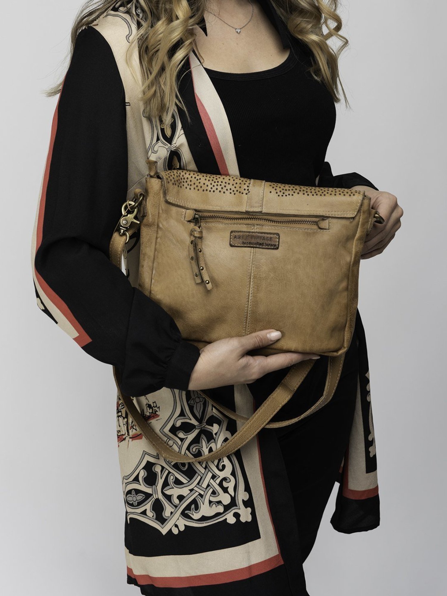 Art N Vintage Carob Sand Leather Textured Medium Sling Handbag