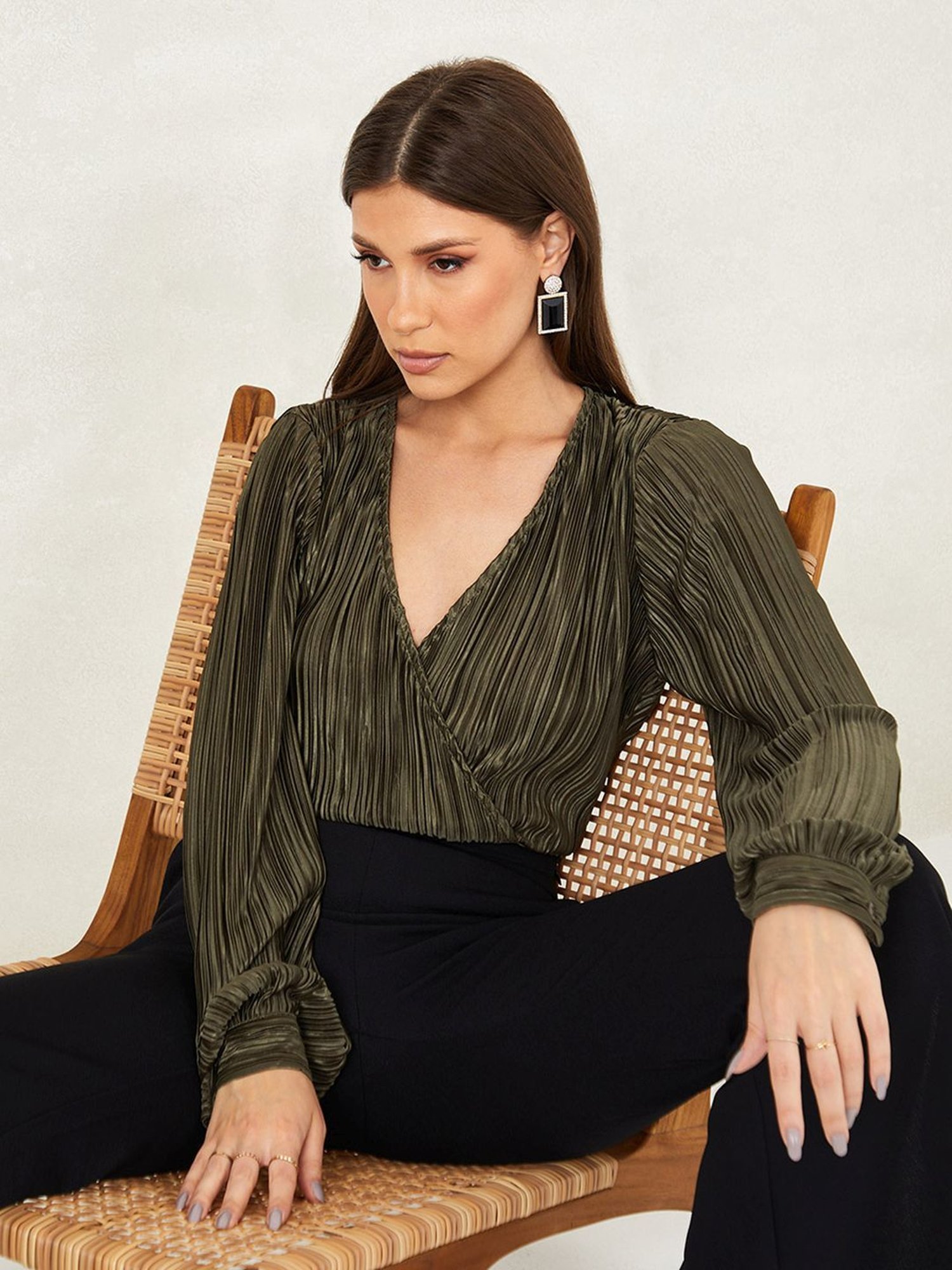 Styli Metallic Pleated Wrap Front Top with Fitted Waistband