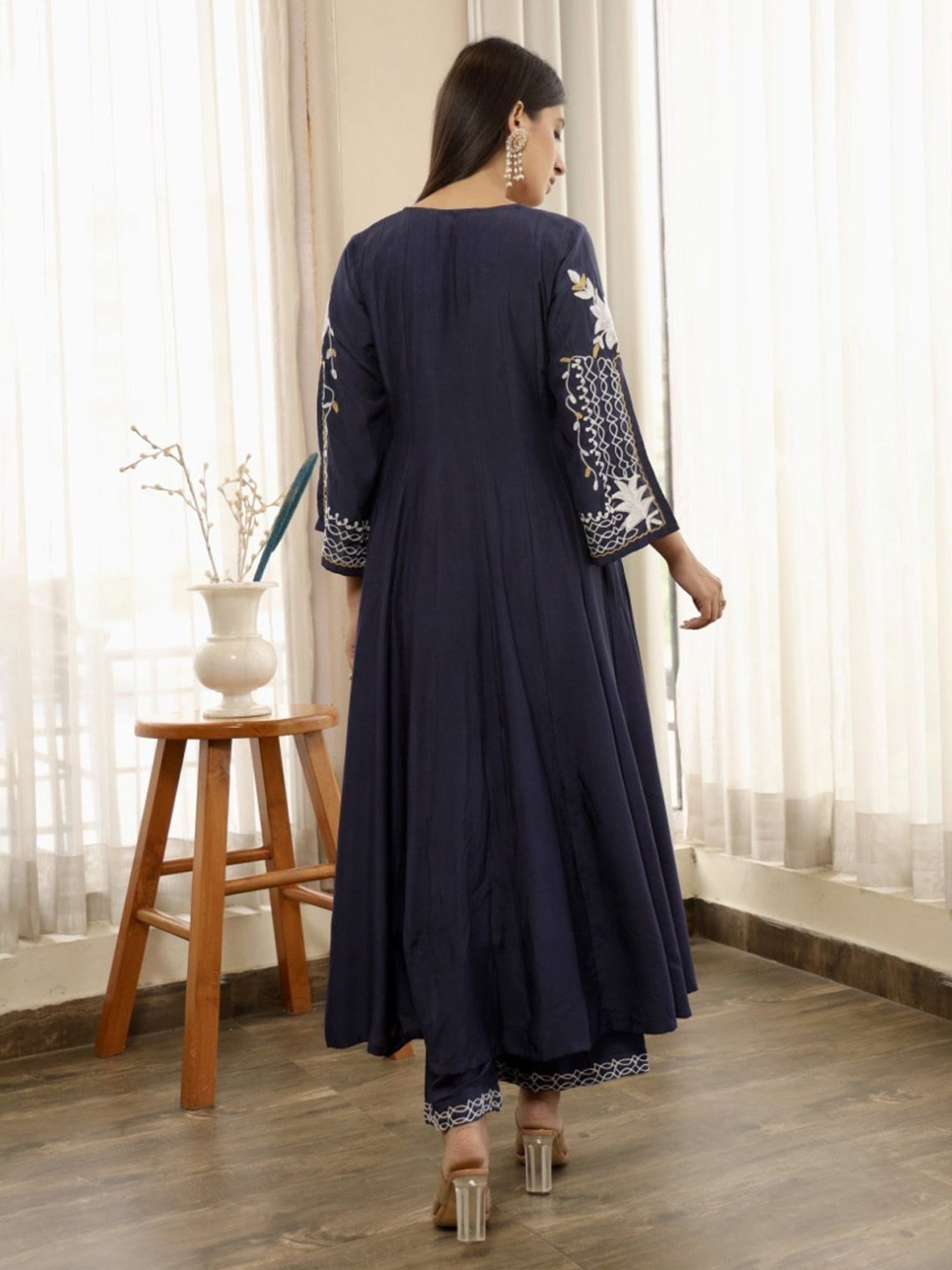 Asrumo Blue Adah Monsoon Aari Embroidered Anarkali Kurta with Pant and Dupatta