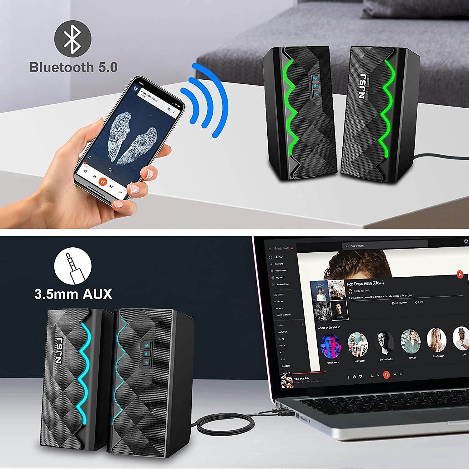 Computer Speakers for Desktop,USB Powered RGB Gaming PC Speakers Bluetooth Wireless & 3.5mm Aux Connection w/ 6 Colorful LED Modes for Mac Laptop Smartphone Tablet Game Console MP3