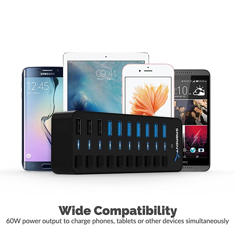 60W 10-Port USB 3.0 Hub Includes 3 Smart Charging Ports with Individual Power Switches and LEDs + 60W 12V/5A Power Adapter (HB-B7C3)