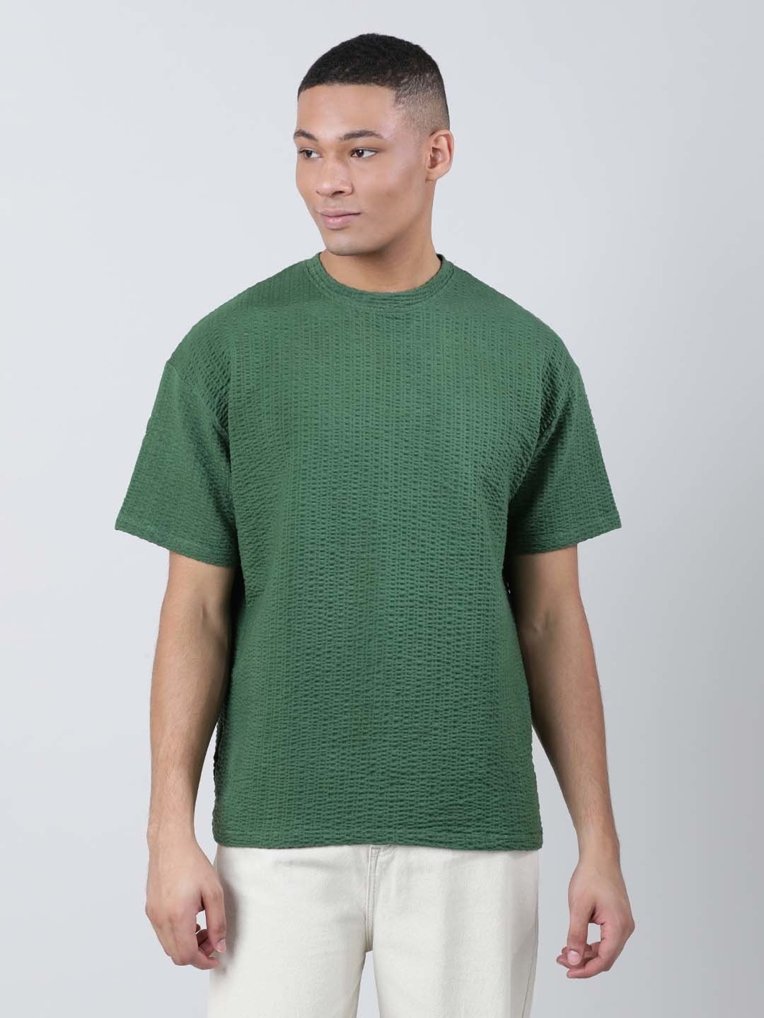 Bene Kleed Green Loose Fit Textured Crew T-Shirt