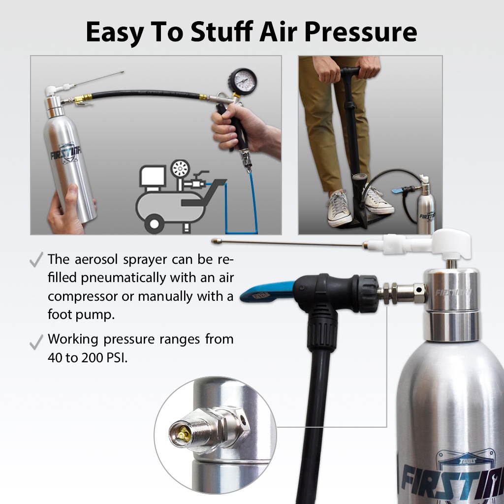 FIRSTINFO Aerosol Refillable Fluid Oil Pressure Storage Sprayer Aluminum Can Pneumatic / Manual Pump with 2 Way Nozzles for Stream and Mist Spraying, Pack of 2