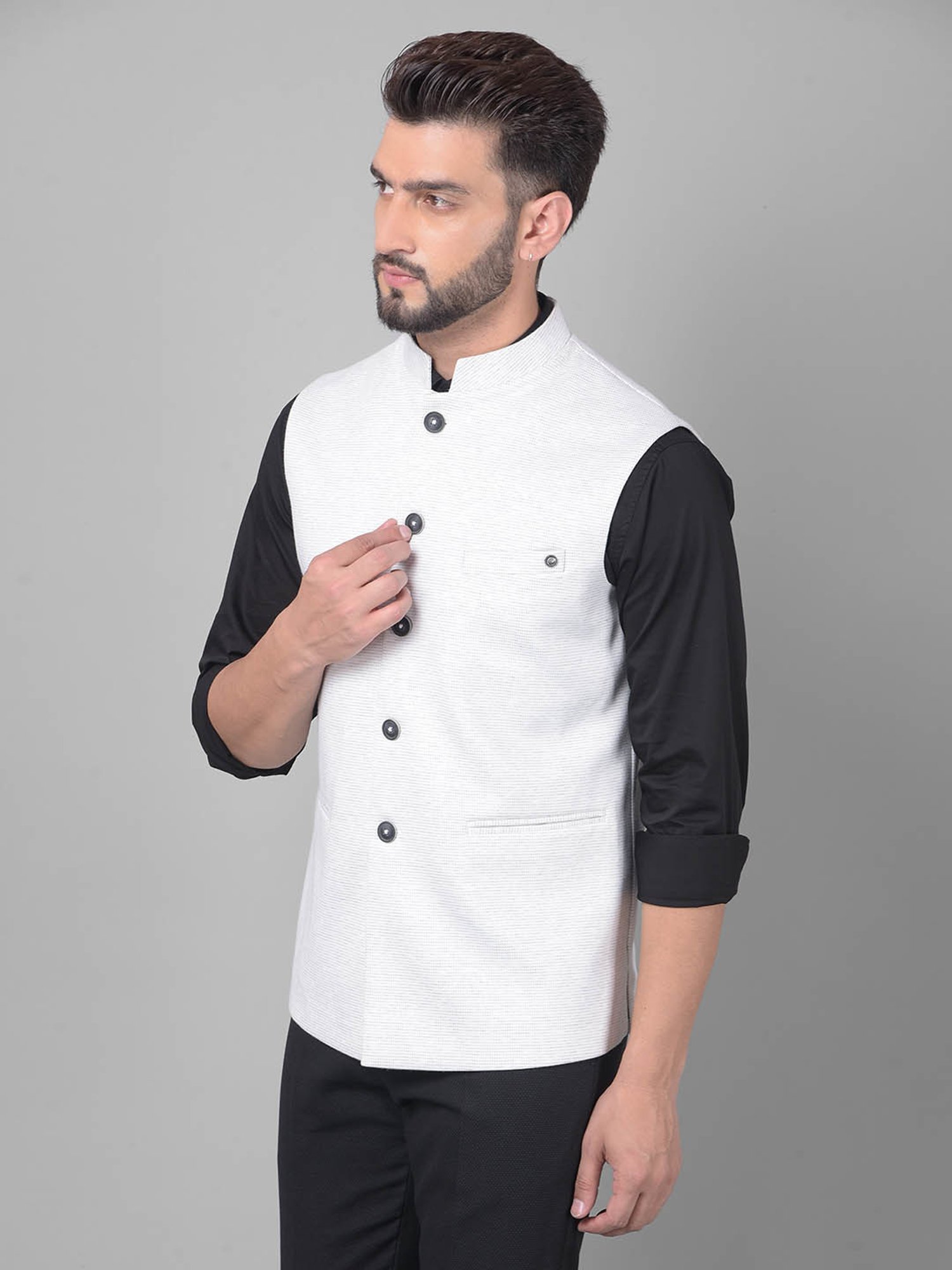 Crimsoune Club Off White Slim Fit Striped Nehru Jacket