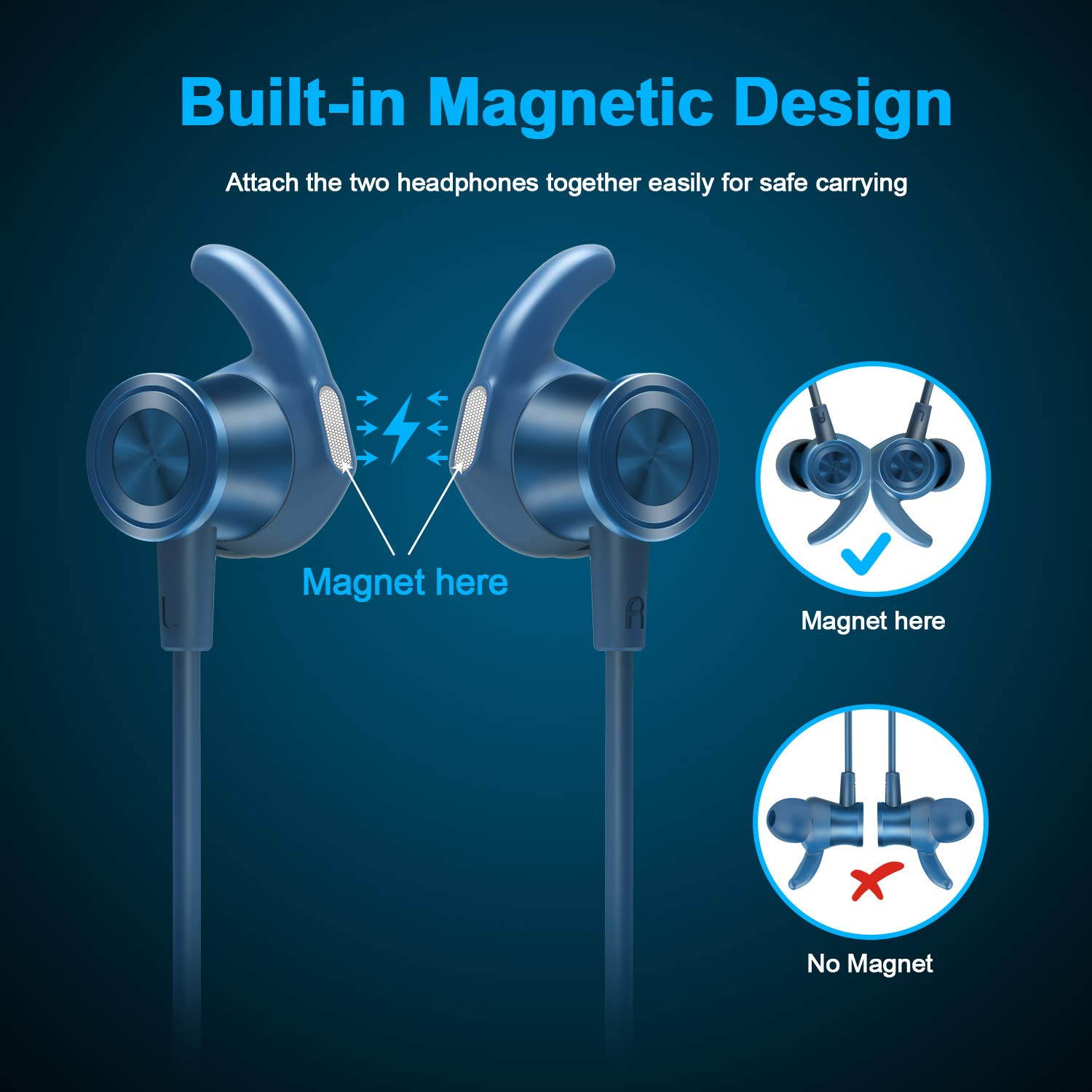 Lightweight Wireless Earbuds with Magnetic Connection, IPX5 Water Resistant Bluetooth 5.0 Sports Earphones for Running, Built-in Mic, 8 Hrs Work Time, Bluetooth Headphones