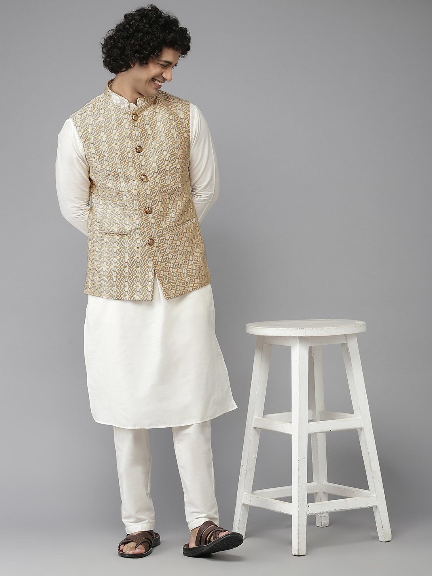 See Designs Gold Regular Fit Self Pattern Nehru Jacket